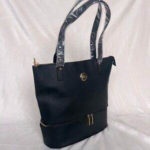 Joy Mangano Double Decker Leather Tote & Wristlet Set in Black